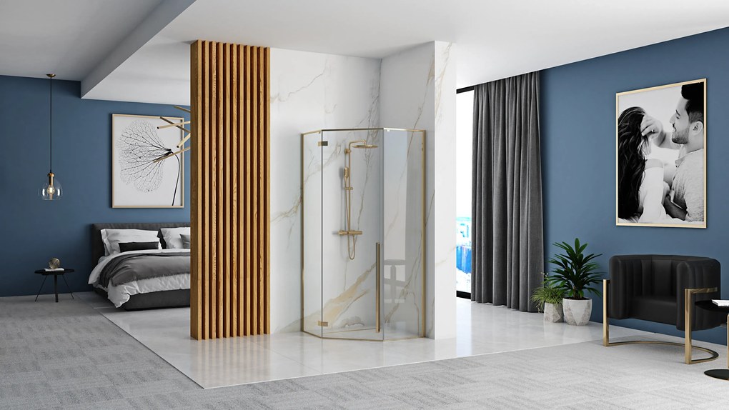 Cabina dus cu cadita de dus pentagonala cu usa batanta Rea Diamond 90x90 auriu - alb