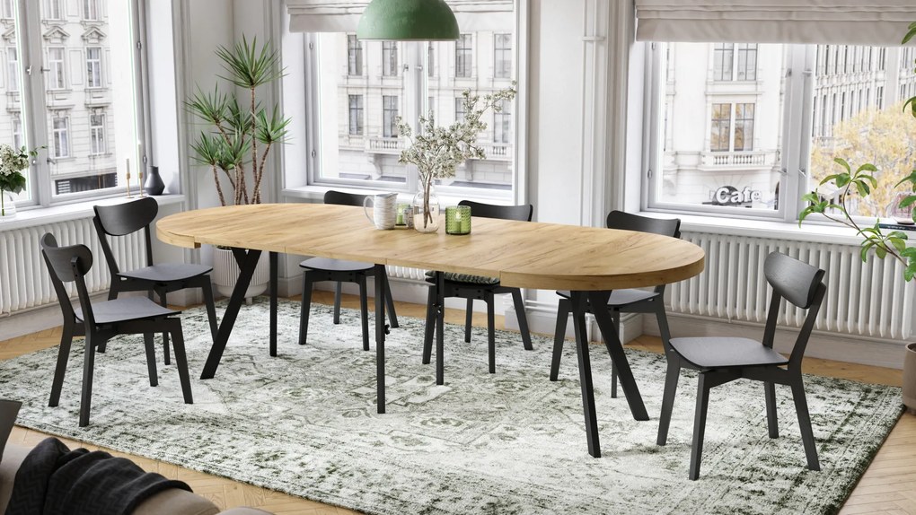 Mazzoni EXPANSO Stejar Craft Auriu/picioare negre - MASĂ MARE ROTUNDĂ Ø110 EXTENSIBILĂ PÂNĂ LA 310 cm CU PICIOARE Y LOFT/INDUSTRIALĂ