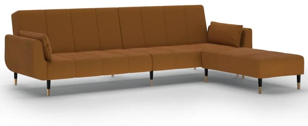 Canapea extensibila cu 2 locuri,taburet2 perne,catifea,maro Maro, Cu scaunel pentru picioare