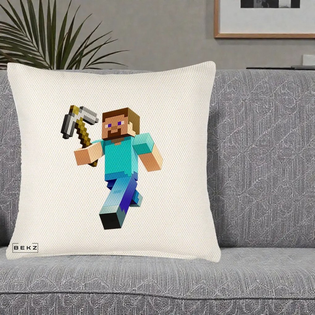 Perna Personalizata Minecraft Steve cu Tarnacop, 40x40 cm, Crem Reliefat, Husa Detasabila, Perna Inclusa, BEKZ®