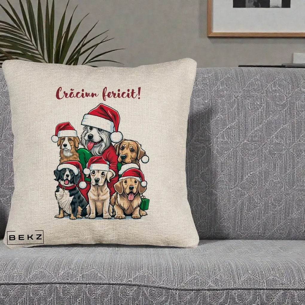 Perna Decorativa Caini cu Bonete Craciun Fericit, 40x40 cm, Bej Canapea, Husa Detasabila, Perna Inclusa, BEKZ®