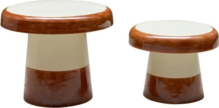 Set 2 măsuțe de cafea rotunde din metal, maro și crem, în formă de ciupercă, 46 x 56 cm, „Shiitake”