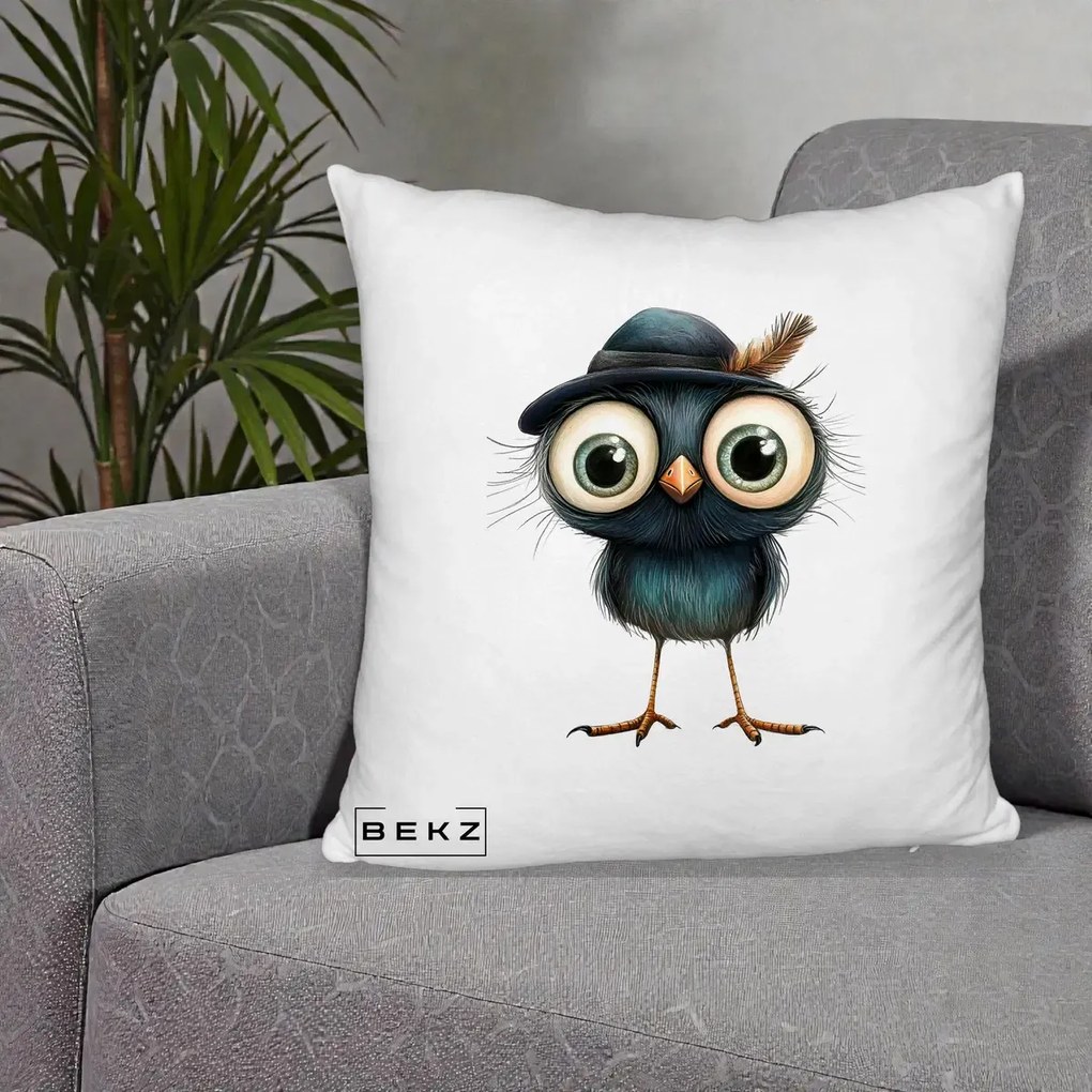 Perna Decorativa Pui Misterios cu Palarie Neagra, 40x40 cm, Alb Pufos, Husa Detasabila, Perna Inclusa, BEKZ®