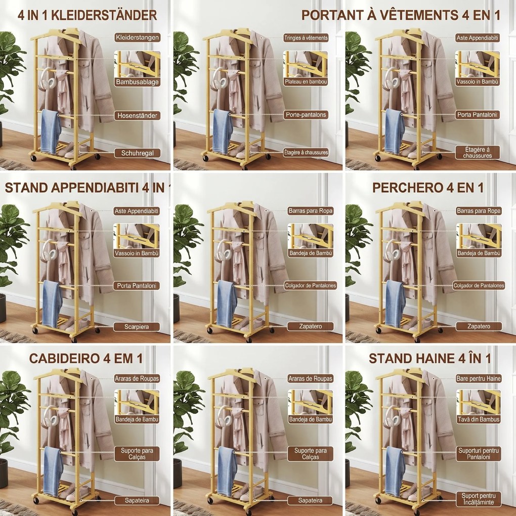 HOMCOM Suport de haine 4 în 1 pe roți din lemn de bambus, 47x33.7x105.5 cm | Aosom Romania