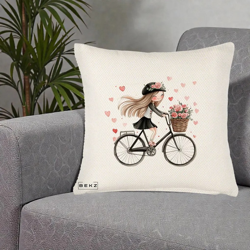 Perna Decorativa Fetita Kawaii pe Bicicleta cu Trandafiri si Inimioare, 40x40 cm, Crem Reliefat, Husa Detasabila, Perna Inclusa, BEKZ®