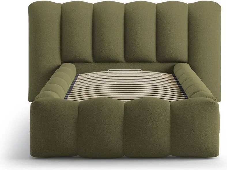 Pat kaki tapițat cu spațiu de depozitare cu somieră 90x200 cm Lupine – Micadoni