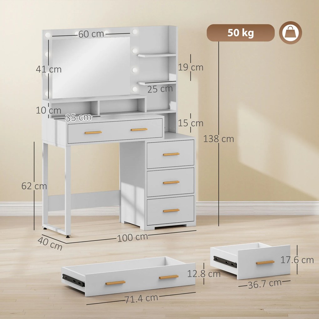 HOMCOM Masă de Machiaj Albă cu Oglindă, 4 Sertare și 6 Rafturi Deschise 100x40x138 cm | Aosom Romania