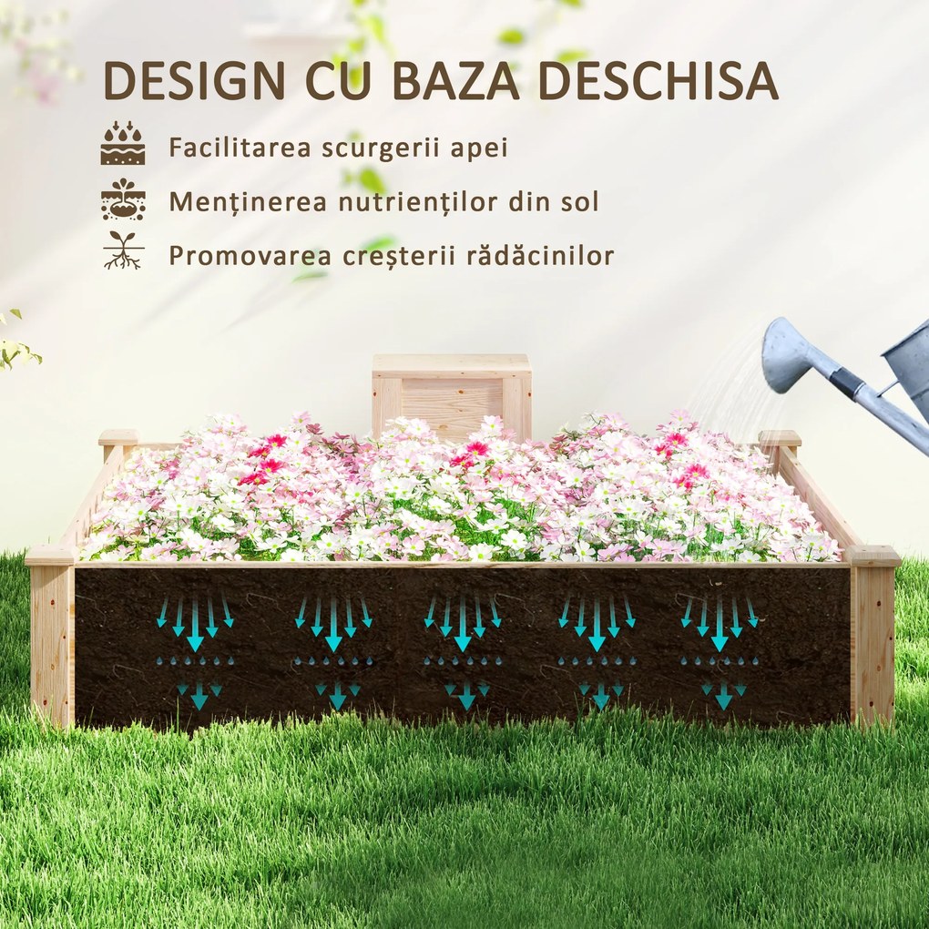 Outsunny Jardinieră de Exterior cu Compostor și Bază Deschisă din Lemn de Brad, 123x123x25,5 cm, Lemn Natural | Aosom Romania