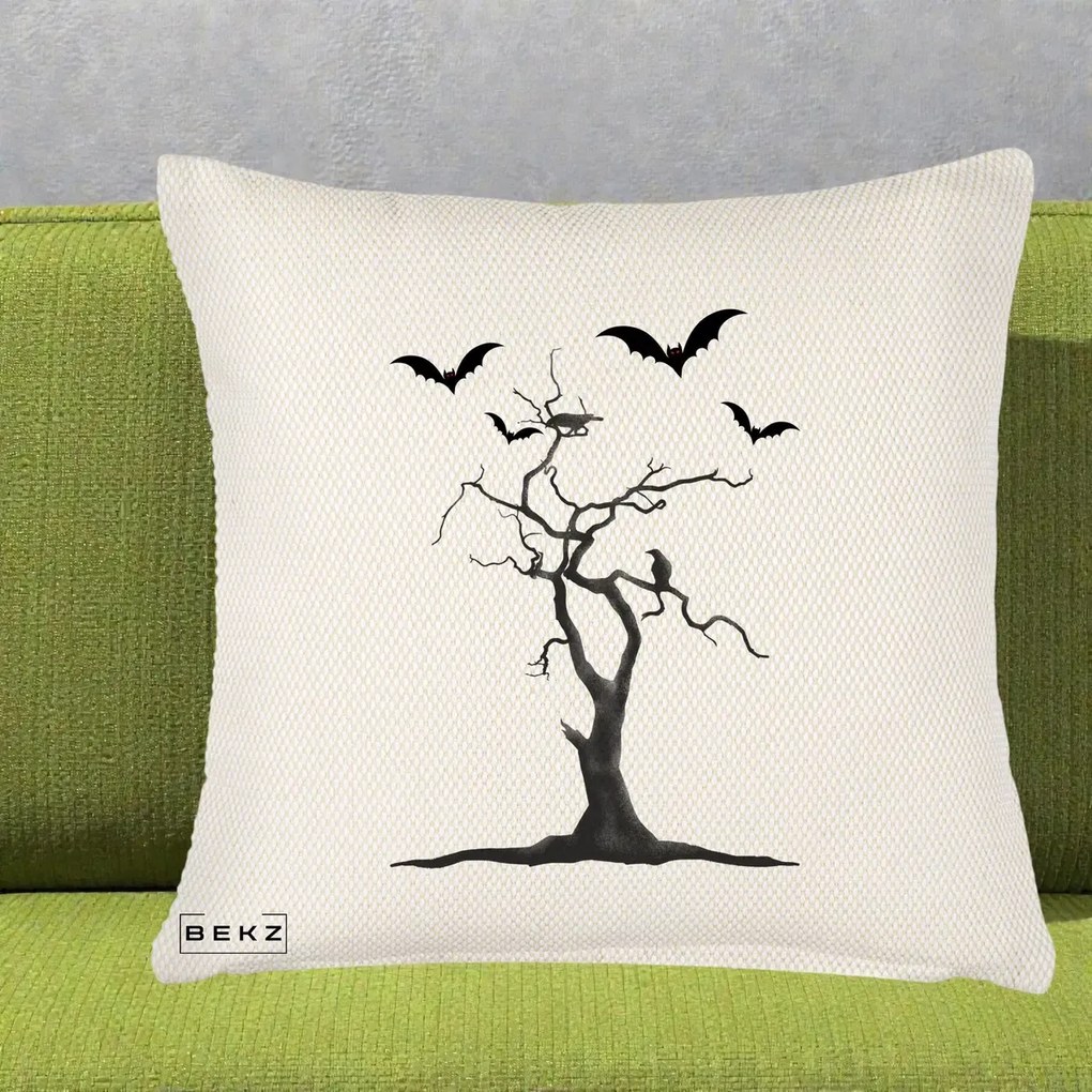 Perna Decorativa Halloween Copac cu Lilieci Alb-Negru, 40x40 cm, Crem Reliefat, Husa Detasabila, Perna Inclusa, BEKZ®