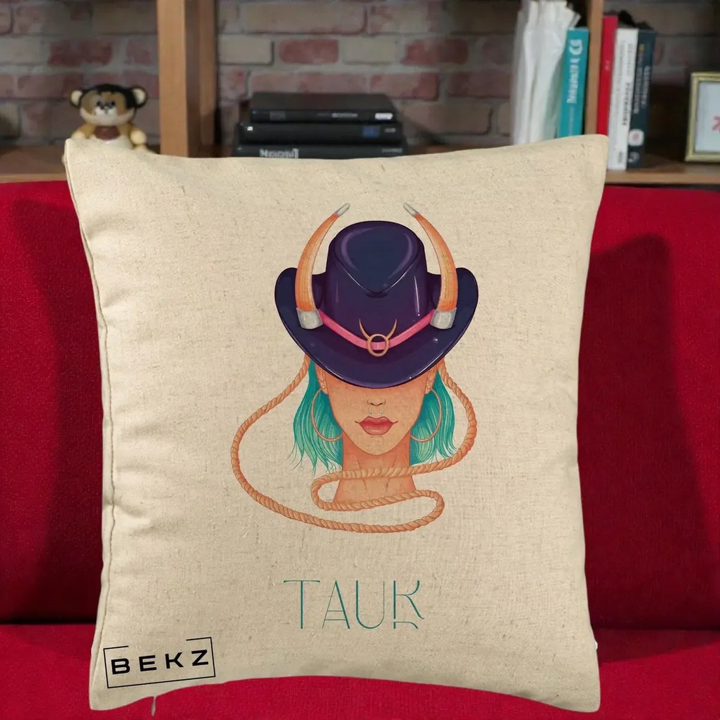 Perna Personalizata Zodie Taur, 40x40 cm, Bej, Husa Detasabila, Perna Inclusa, BEKZ®