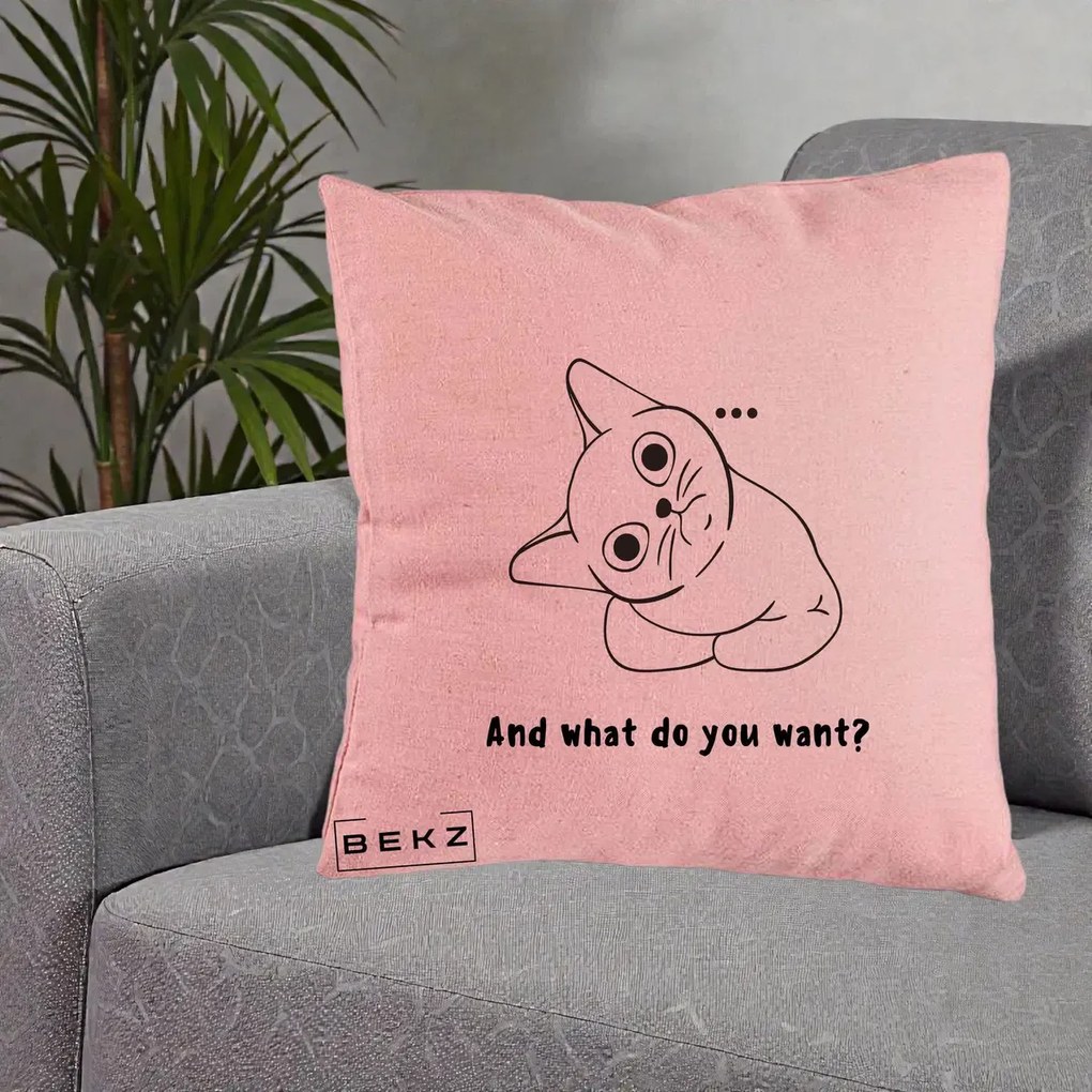 Perna Decorativa And What Do You Want Cat, 40x40 cm, Roz, Husa Detasabila, Perna Inclusa, BEKZ®