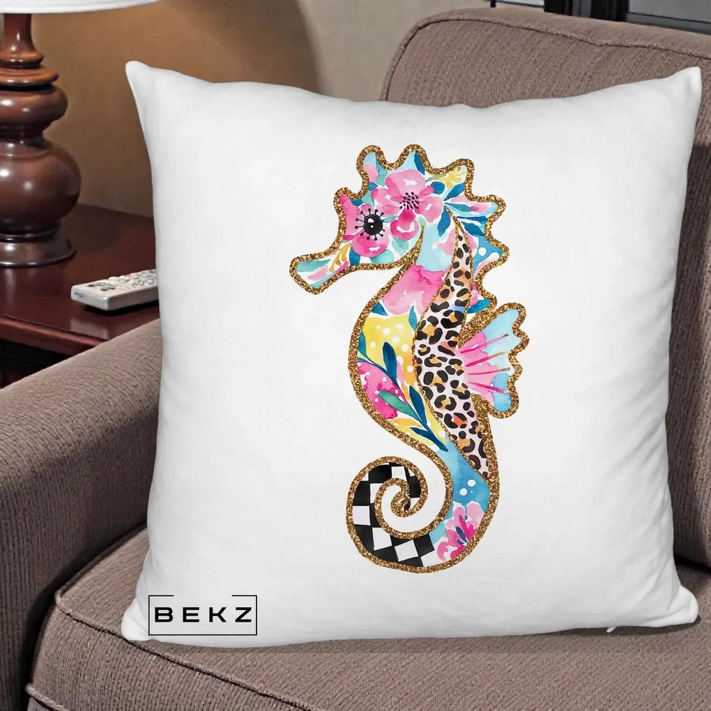 Perna Decorativa Calut de Mare Glitter Tropical, 40x40 cm, Alb Pufos, Husa Detasabila, Perna Inclusa, BEKZ®