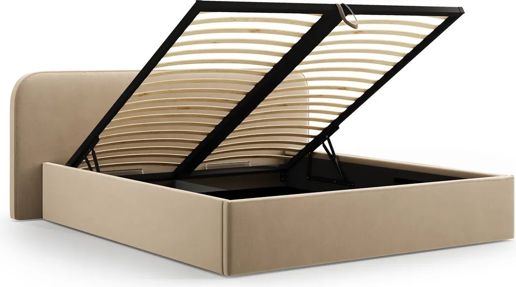 Pat tapitat cu somiera rabatabila si lada depozitare, 180x200 cm, Micadoni Home, Elizabeth-261, catifea, bej sand