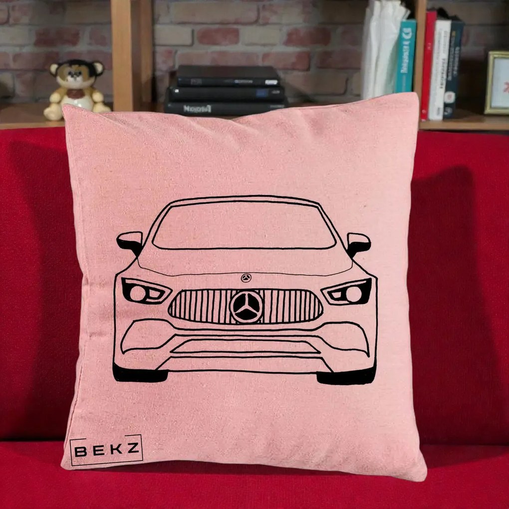 Perna Personalizata Mercedes-Benz Fata Linie, 40x40 cm, Roz, Husa Detasabila, Perna Inclusa, BEKZ®