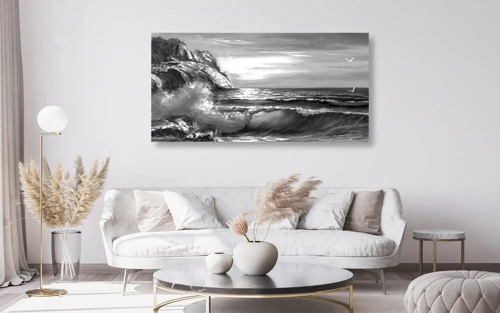 Tablou valuri de mare pe coastă în design alb-negru
