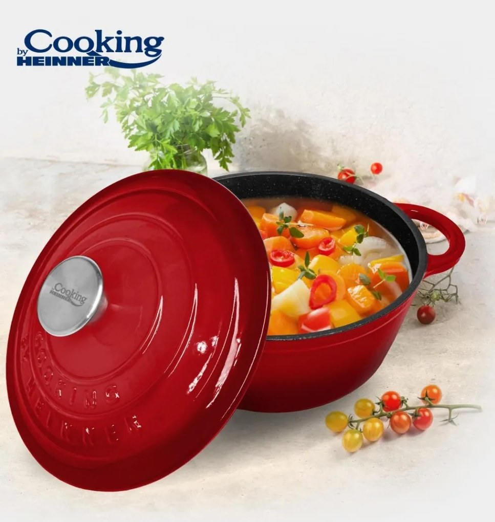 Cratiță din fontă emailată cu capac 22x9.5 cm, 2.9L – Cooking by Heinner, Colecția Red Line HR-KN-C29, păstrează aromele, design elegant