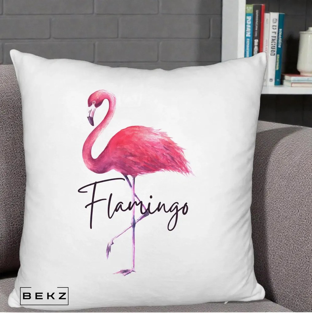 Perna Decorativa Flamingo Acuarela, 40x40 cm, Alb Pufos, Husa Detasabila, Perna Inclusa, BEKZ®