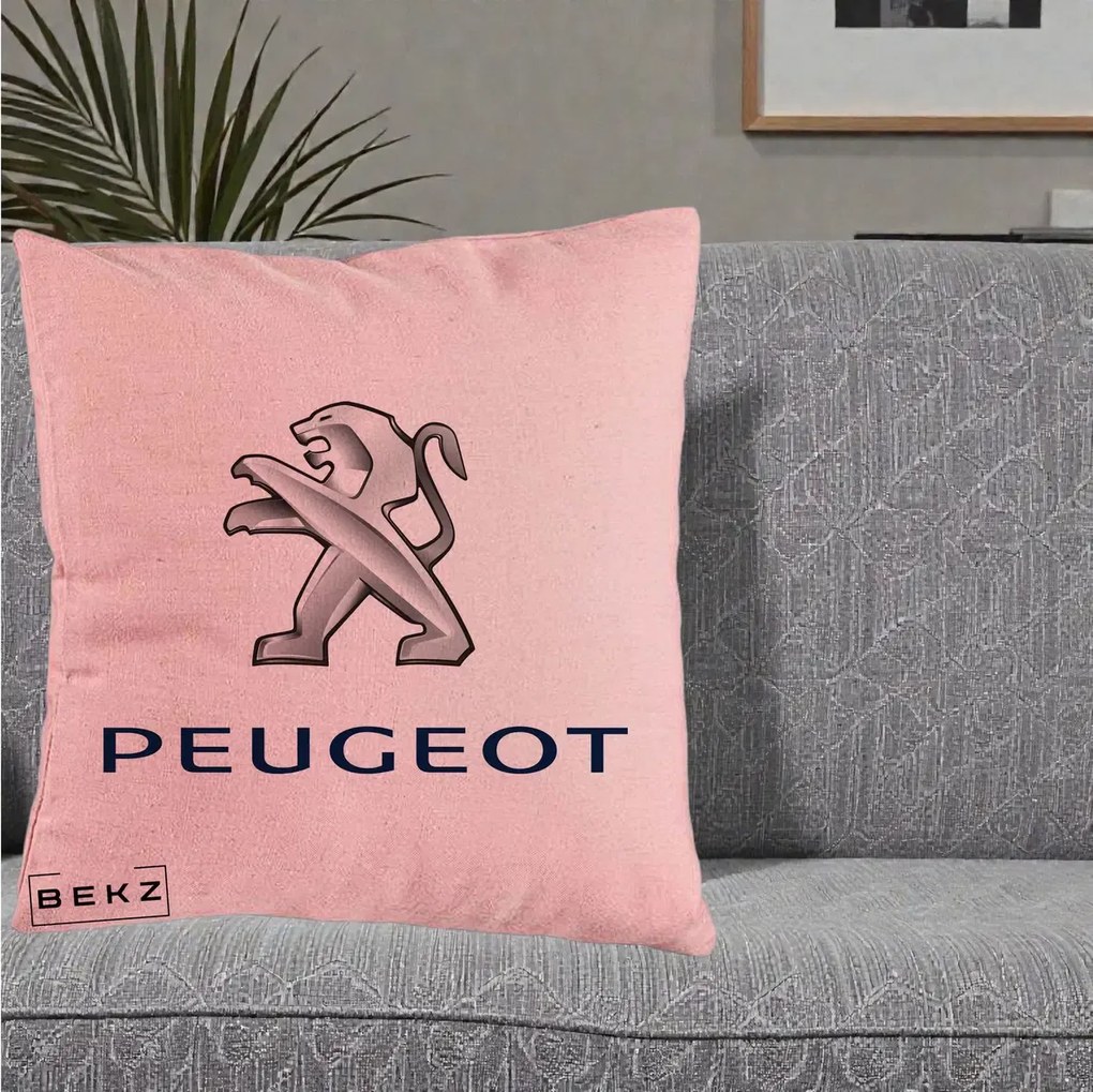 Perna Personalizata cu emblema Peugeot, 40x40 cm, Roz, Husa Detasabila, Perna Inclusa, BEKZ®