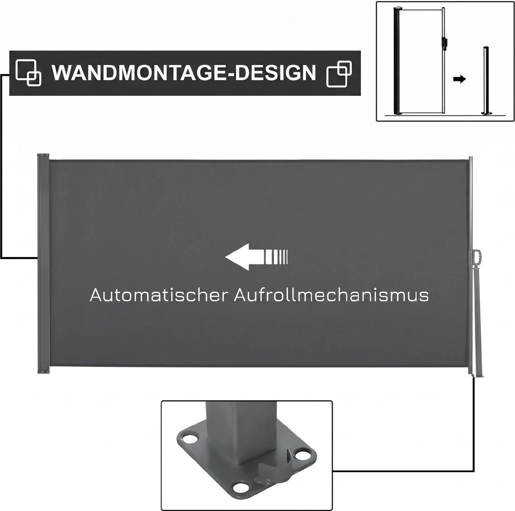 Outsunny Copertină Laterală Retractabilă cu Mâner, 300x160 cm, Gri | Aosom Romania