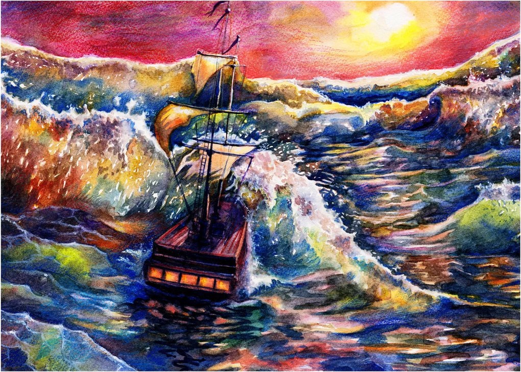 Tablou - Navă pe valurile oceanului, aquarelă (70x50 cm)