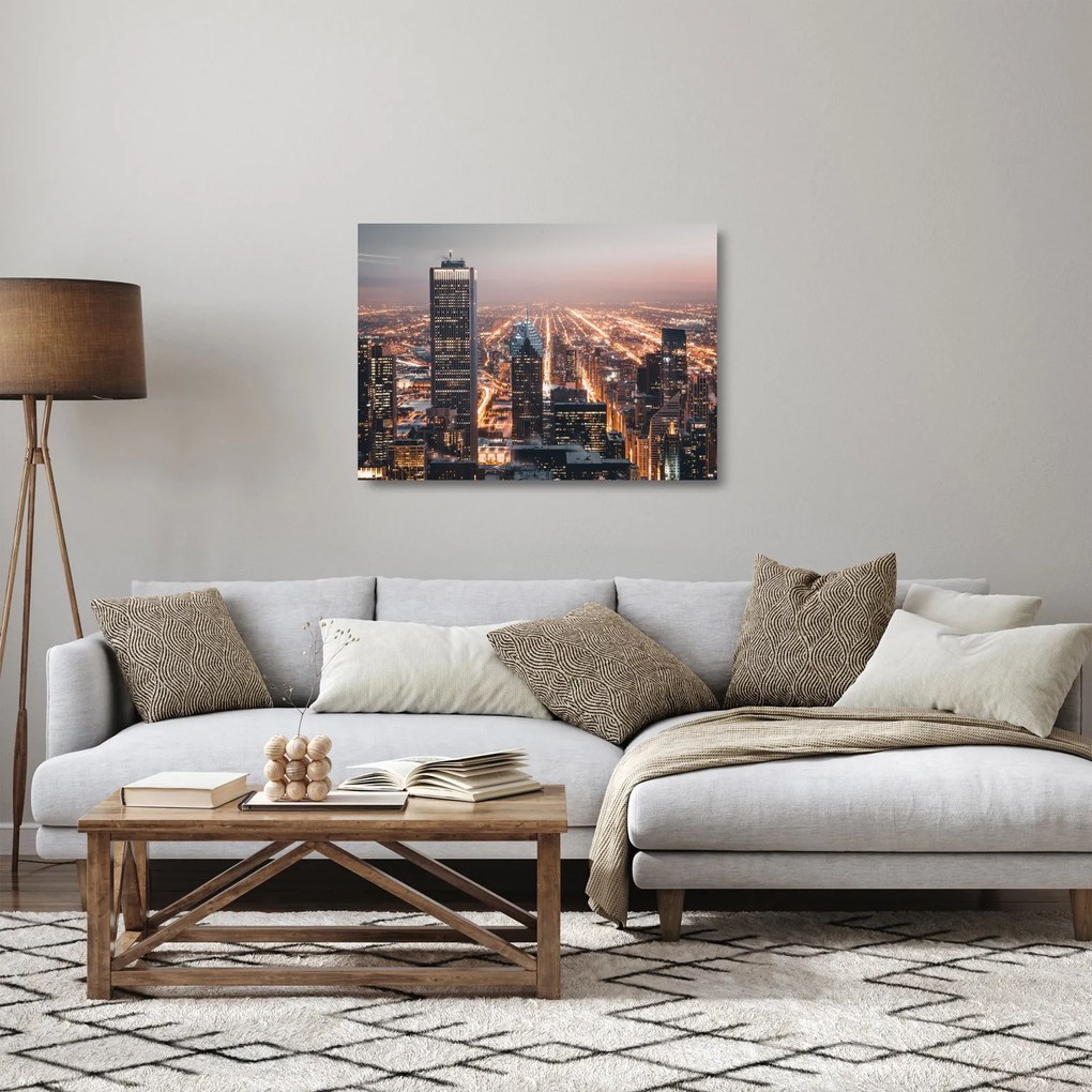 Tablou pe sticlă cu metropolă luminată (70x50 cm)