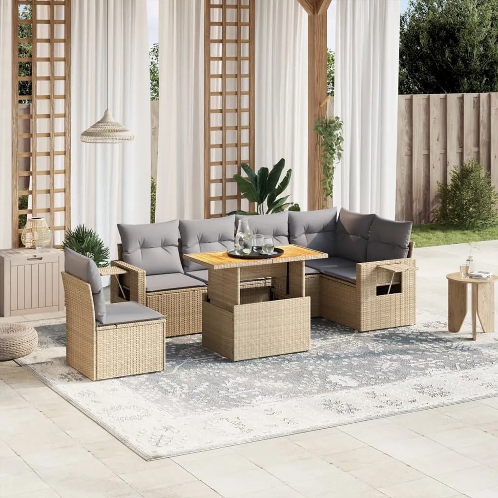 vidaXL Set canapele de grădină, 7 piese, cu perne, bej, poliratan
