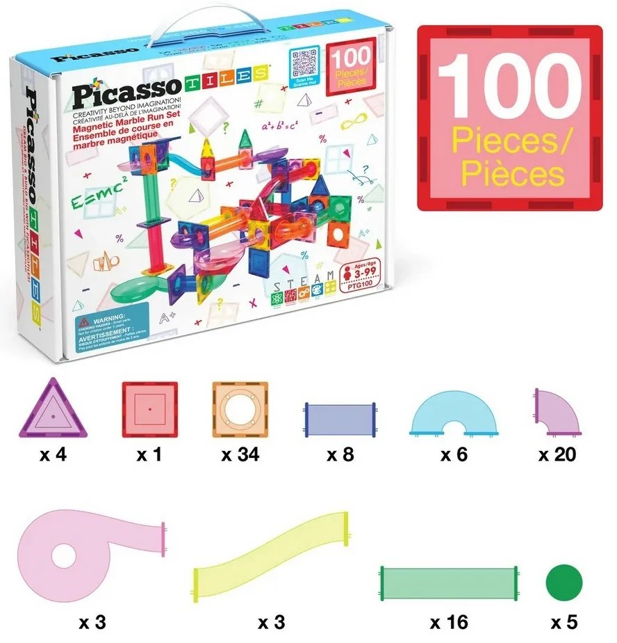Set magnetic de construcție 100 piese PicassoTiles Marble Run
