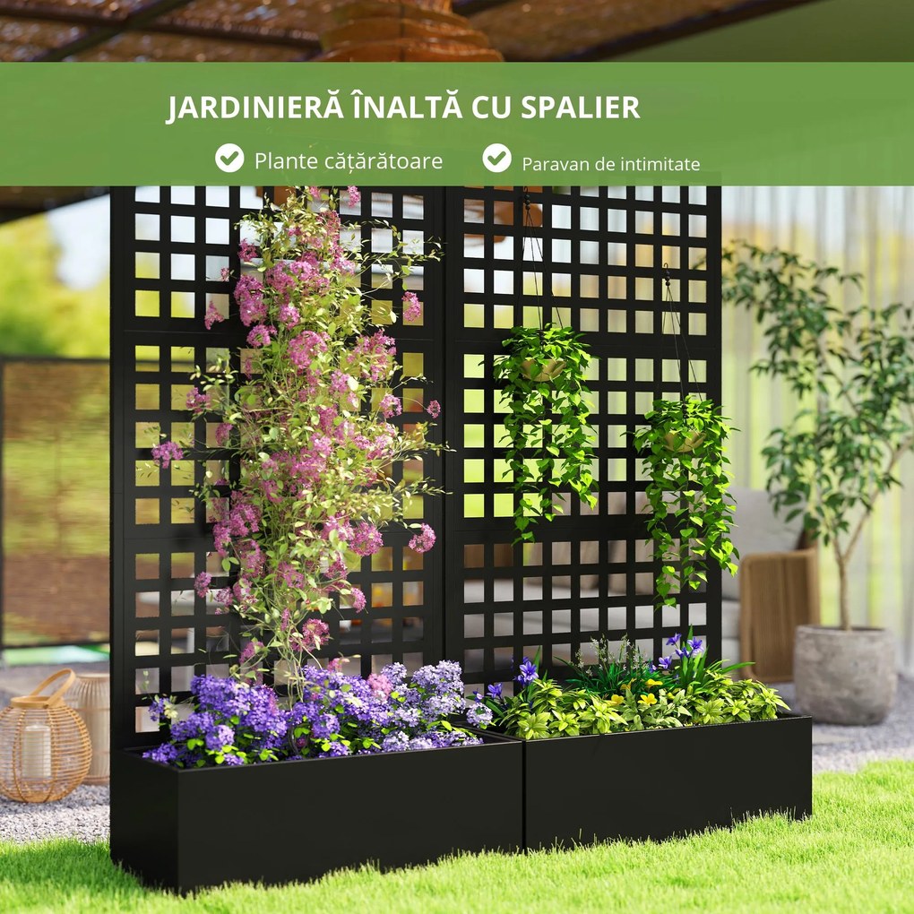 Outsunny Jardinieră cu spalier, paravan de intimitate, pat ridicat pentru grădină din oțel galvanizat, pentru plante cățărătoare, 89x40x178cm, negru | Aosom Romania