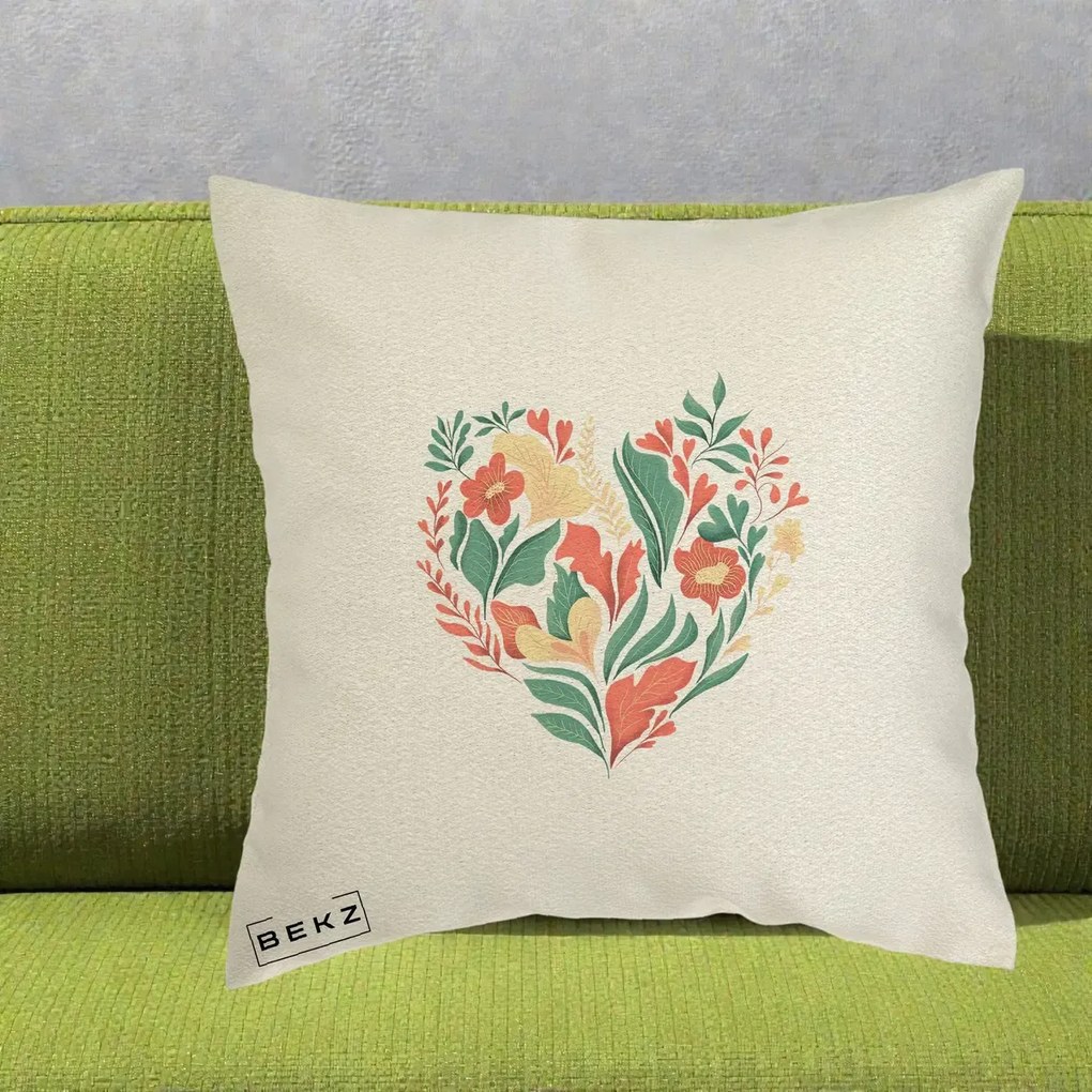 Perna Decorativa Inima Florala Botanica, 40x40 cm, Ecru, Husa Detasabila, Perna Inclusa, BEKZ®