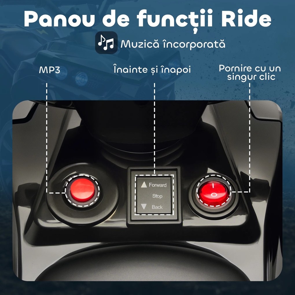 AIYAPLAY ATV Electric 6V pentru Copii, Vehicul cu 4 Roți cu Muzică și Faruri LED, pentru Vârste între 3-8 Ani, Negru | Aosom Romania