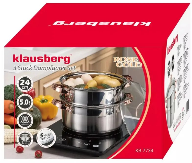 Oala pentru gatit la aburi Klausberg KB 7734, 24 cm, 5 L, 3 piese, Inductie, Inox/Aur roz