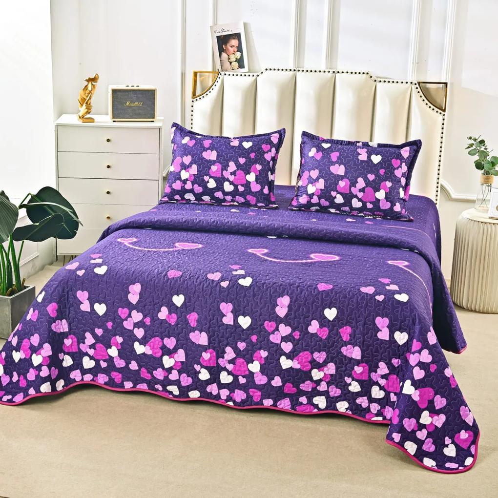 Cuvertura de pat matlasata cu 2 fete, bumbac satinat, pat 2 persoane, violet / mov, 3 piese, CVP-63