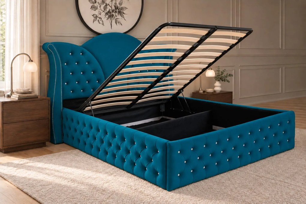Pat tapițat Chesterfield din catifea Velora Deluxe 140×200 cm, turcoaz, cu ladă de depozitare