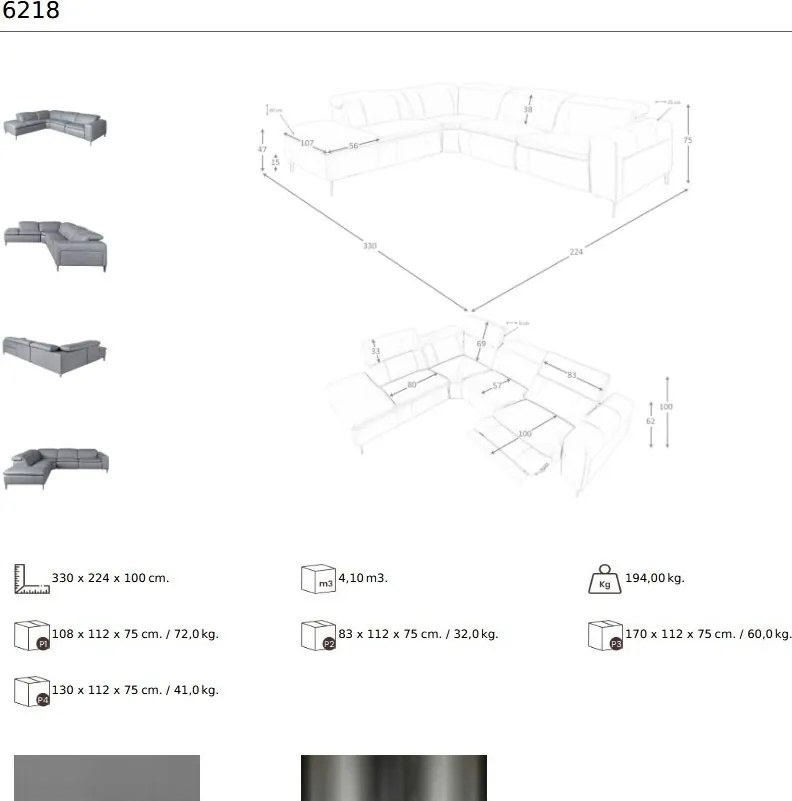 Coltar 5 locuri, Functia Relax, Sezlong Stanga, Cowhide gri