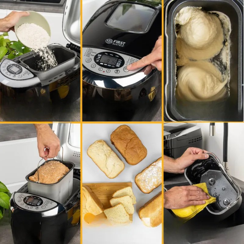 Masina de facut paine FIRST FA-5152-3-BA, 850W, 1.25 kg, 12 programe, Timer, Acoperire antiaderenta, Negru/inox