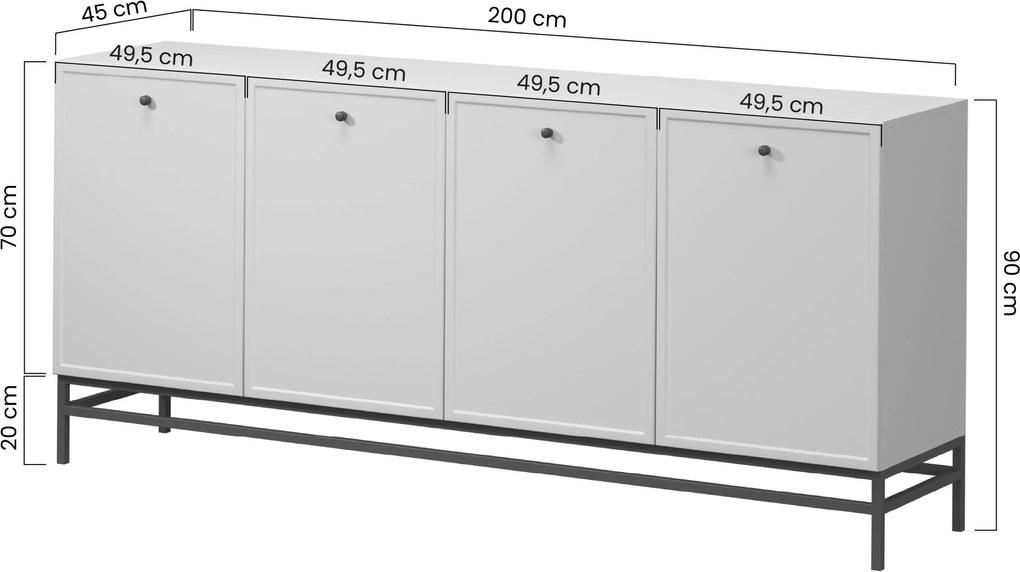 Comodă cu patru uși Lorini 200 cm - cașmir / mânere negre tip T-bar / cadru metalic