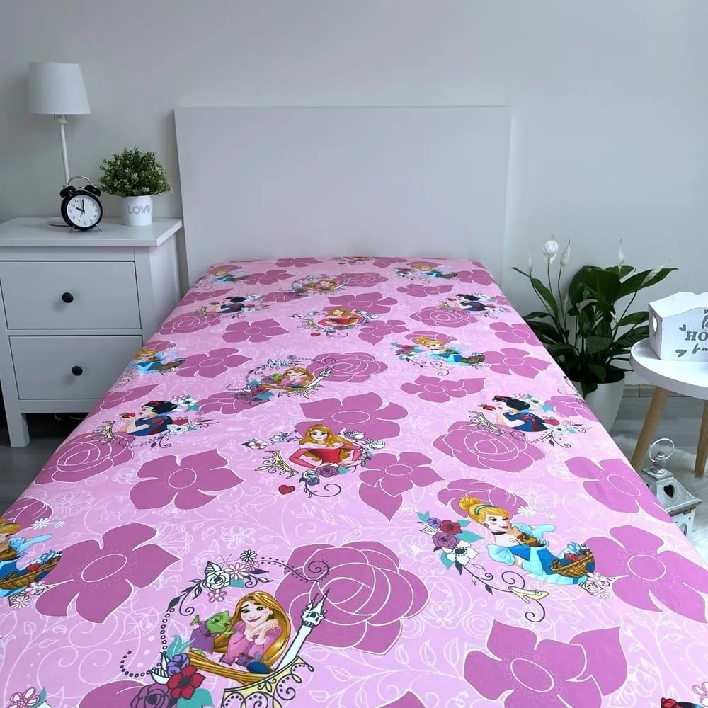 Cearceaf pentru copii roz din bumbac cu elastic 90x200 cm The Pincesses "Pink" – Jerry Fabrics