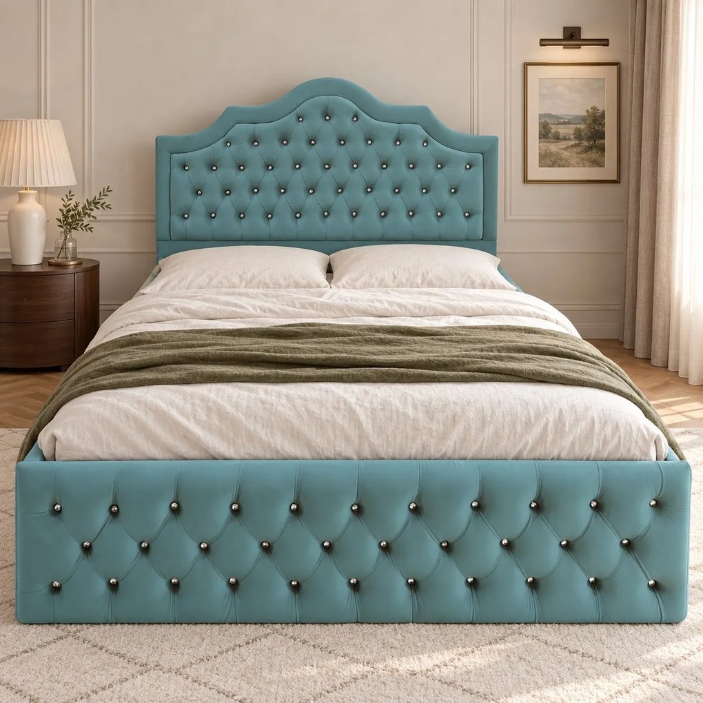 Pat tapițat Chesterfield din catifea Imperio Deluxe 160×200 cm, verde marin, cu ladă de depozitare