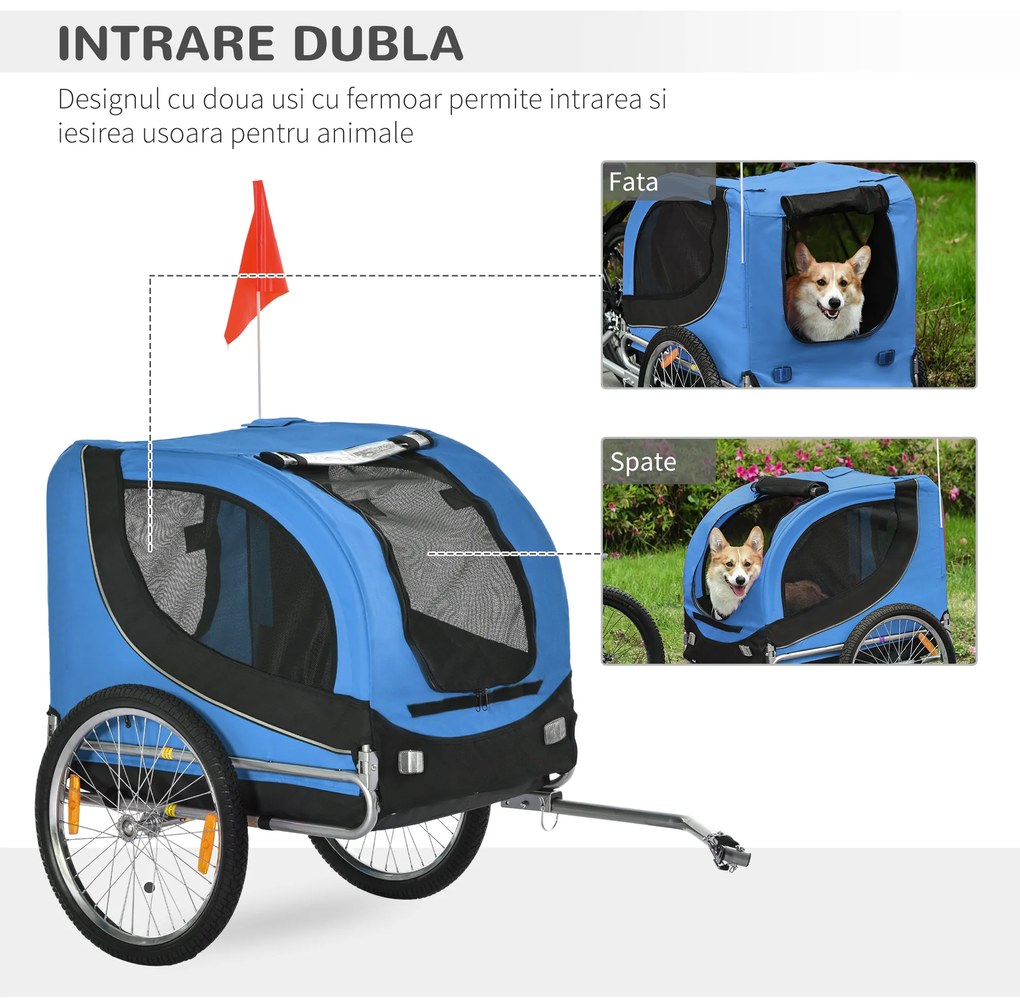 PawHut Remorcă de Bicicletă pentru Câini cu Punct de Atașare, Ferestre Laterale și Steguleț, 130x73x90 cm, Albastru | Aosom Romania