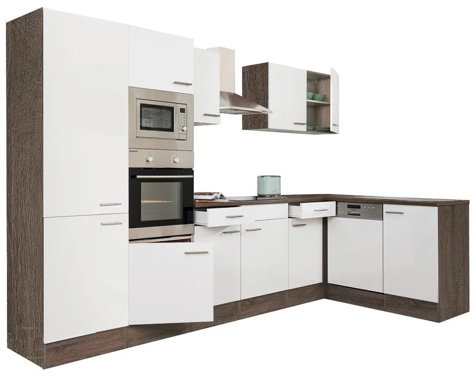 Mobilă de bucătărie de colț Yorki 340, corp din stejar Yorki, față alb satinat, dulap cu raft