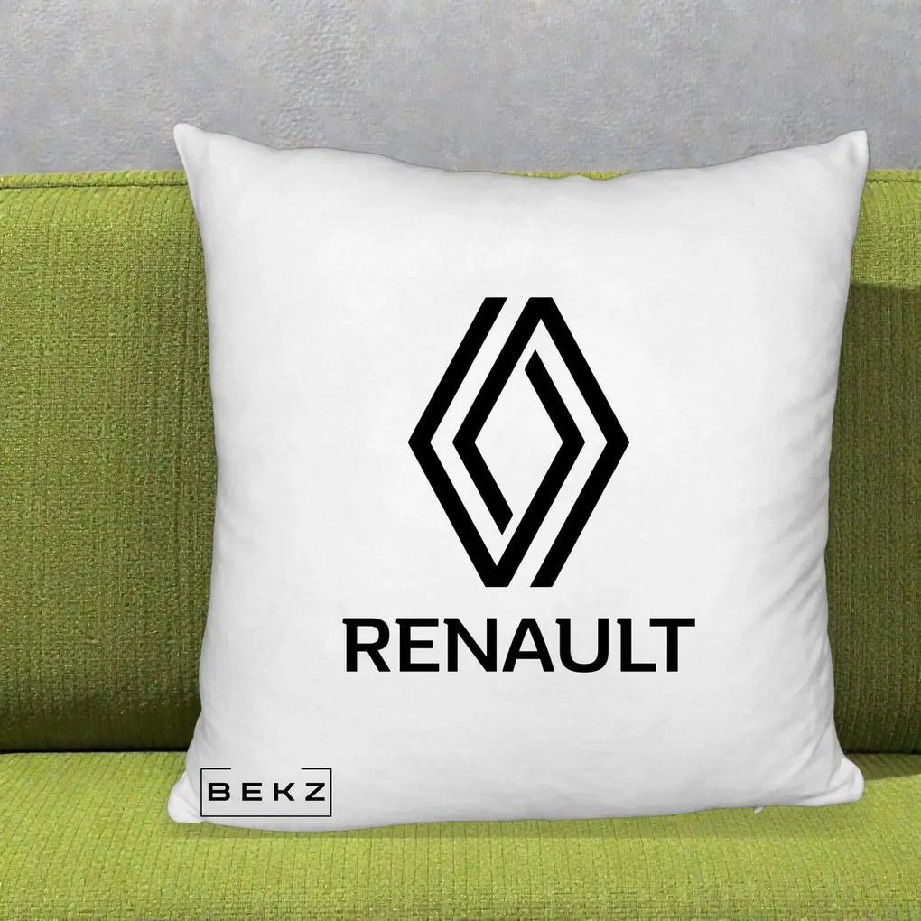 Perna Personalizata cu emblema Renault, 40x40 cm, Alb Pufos, Husa Detasabila, Perna Inclusa, BEKZ®