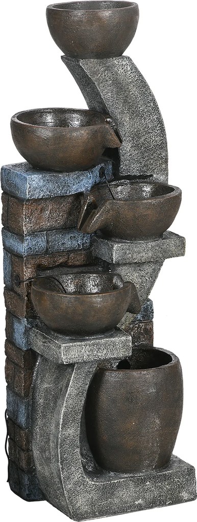 Outsunny Fântână de apă exterioară 5 nivele fântână de grădină LED-uri panou solar pompă din rășină gri și maro | Aosom Romania