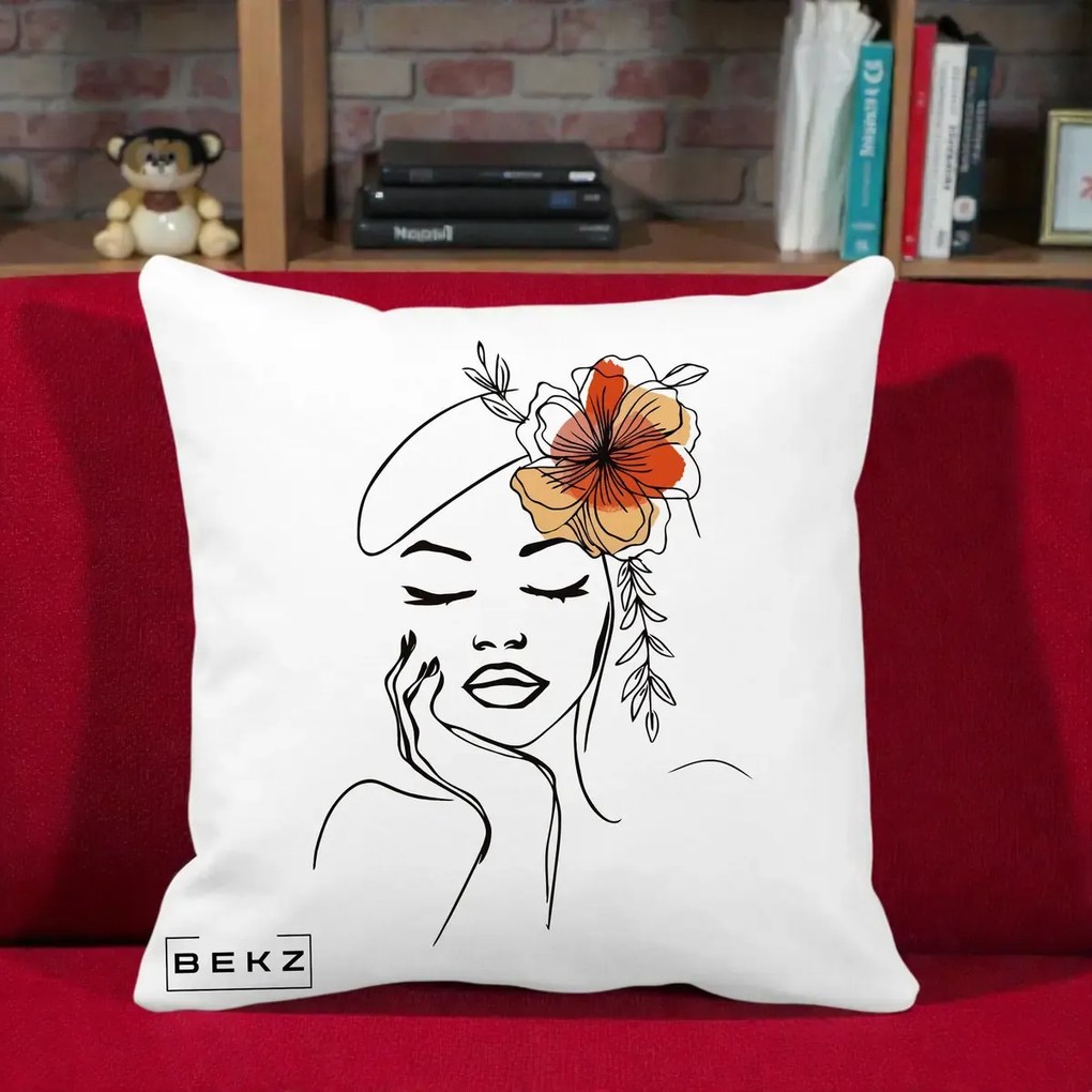 Perna Decorativa Portret Feminin Flori Palarie, 40x40 cm, Alba Mata, Husa Detasabila, Perna Inclusa, BEKZ®