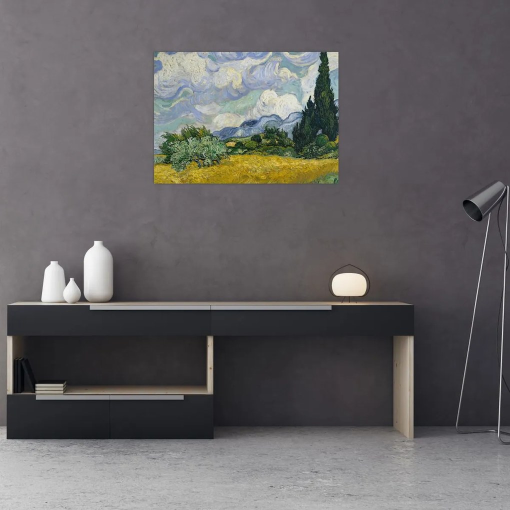 Tablou pe sticlă - Vincent van Gogh, Wheat Field with Cypresses, reproducere (70x50 cm)