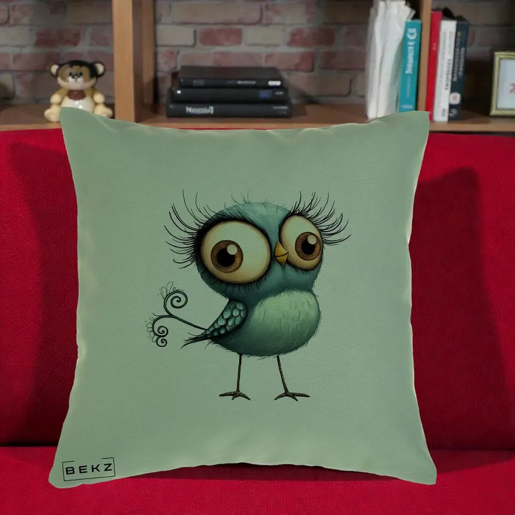 Perna Decorativa Pasare Teal cu Gene si Coada Spiralata, 40x40 cm, Verde, Husa Detasabila, Perna Inclusa, BEKZ®