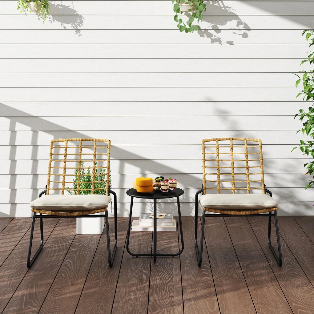 Outsunny Set mobilier de grădină, 3 piese, 2 scaune din ratan, 1 masă cu blat metalic, perne pentru șezut, set bistro, Bej &amp; Maro | Aosom Romania