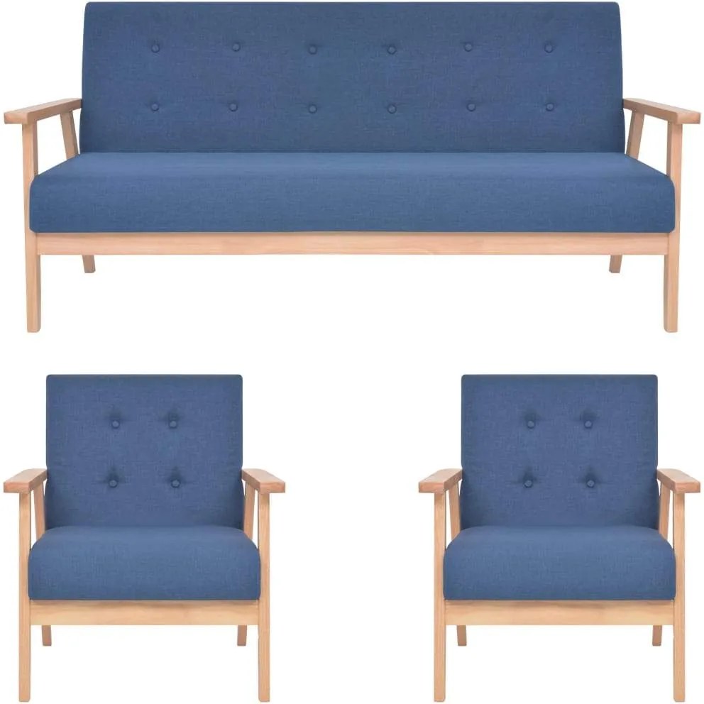Set de canapele, 3 piese, albastru, material textil