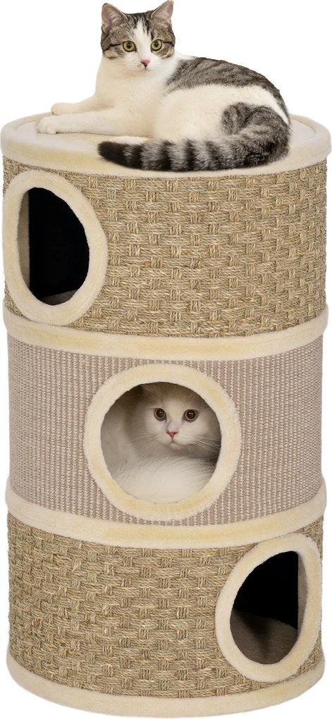 PawHut Tonă de zgâriat, 79 cm înălțime, Ø45 cm, tonă pentru pisici cu 3 niveluri și sfoară din sisal, peșteră pentru pisici, pentru pisici mari, Khaki+Maro | Aosom Romania
