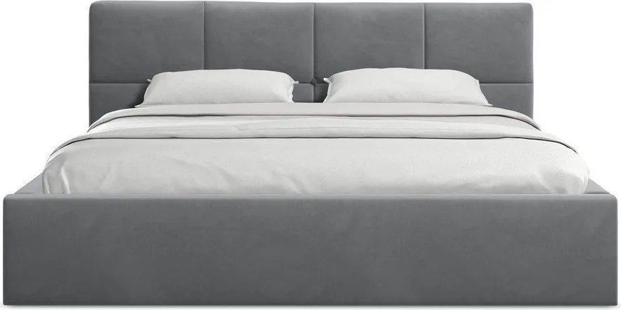 Pat matrimonial gri închis tapițat din catifea cu spațiu de depozitare cu somieră 140x200 cm Hiko – Makamii