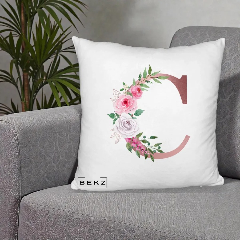 Cadou Personalizat - Perna Personalizata Monograma Rose Gold Litera C, 40x40 cm, Alb Pufos, Husa Detasabila, Perna Inclusa, BEKZ®
